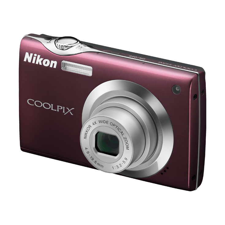 Slim profile view of ClubCamera.com maroon Nikon Coolpix S4000 digital camera showing side contours and mode dial