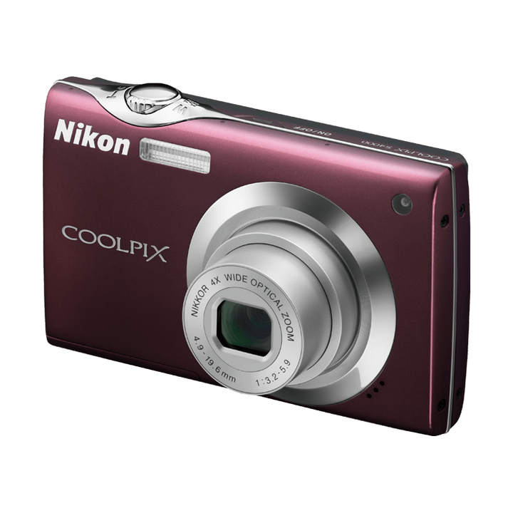 Slim profile view of ClubCamera.com maroon Nikon Coolpix S4000 digital camera showing side contours and mode dial