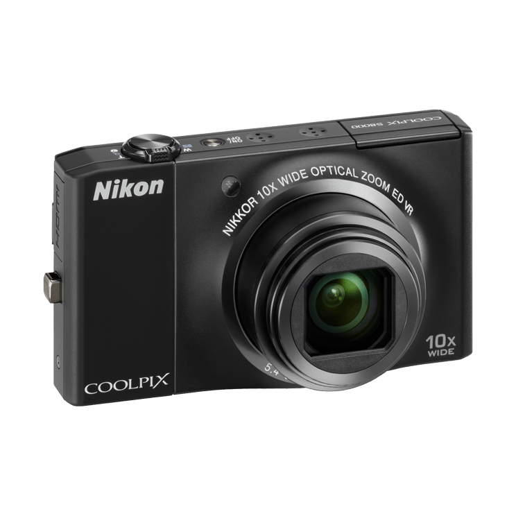 Slim black Nikon Coolpix S8000 three-quarter angle showing mode dial at ClubCamera.com
