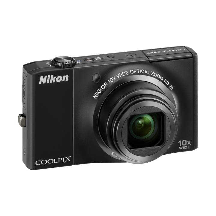 Slim black Nikon Coolpix S8000 three-quarter angle showing mode dial at ClubCamera.com