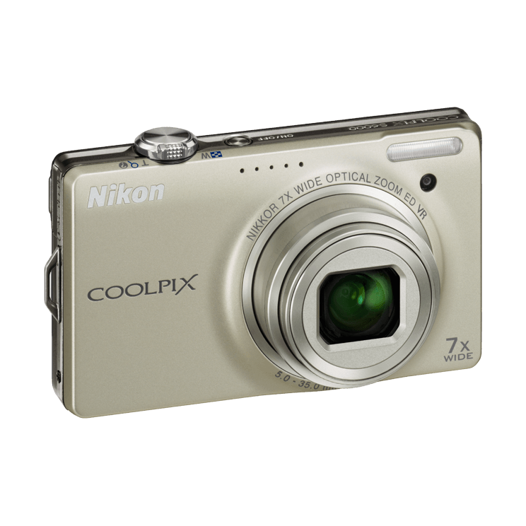 ClubCamera.com slim gold Nikon Coolpix S6000 digital camera side profile showing ergonomic grip