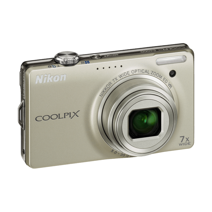 ClubCamera.com slim gold Nikon Coolpix S6000 digital camera side profile showing ergonomic grip