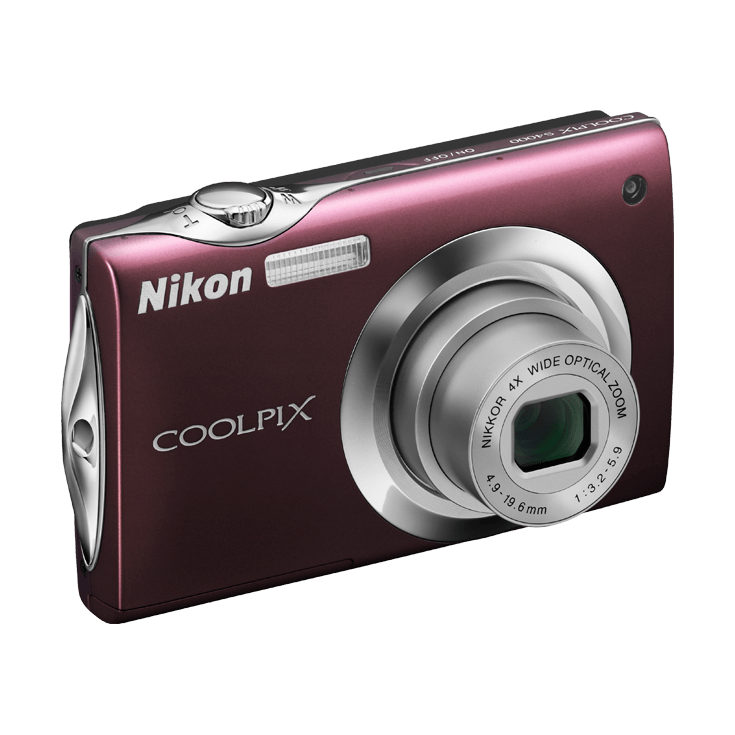 Side-profile of ClubCamera.com burgundy Nikon Coolpix S4000 compact camera highlighting ergonomic grip and silver trim