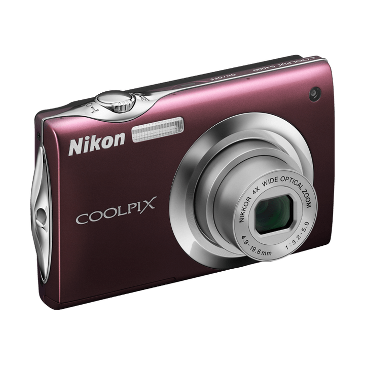 Side-profile of ClubCamera.com burgundy Nikon Coolpix S4000 compact camera highlighting ergonomic grip and silver trim