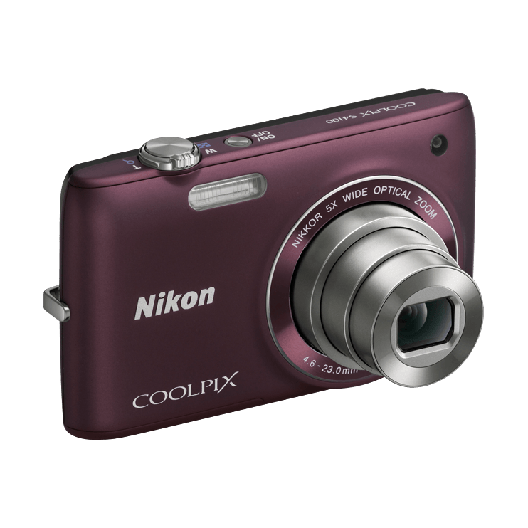 Maroon metallic Nikon Coolpix S4100 point-and-shoot camera with extended NIKKOR 5x zoom lens and brushed finish from ClubCamera.com