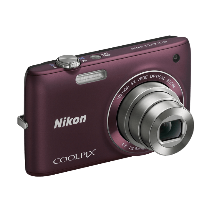 Maroon metallic Nikon Coolpix S4100 point-and-shoot camera with extended NIKKOR 5x zoom lens and brushed finish from ClubCamera.com