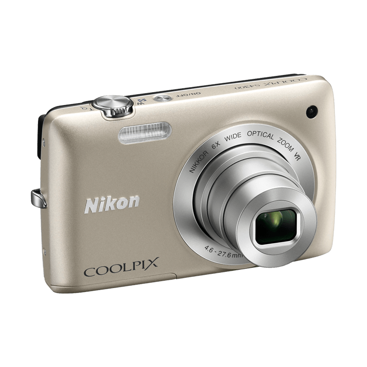 Gold Nikon Coolpix S4300 side profile showing extended zoom lens and mode dial from ClubCamera.com
