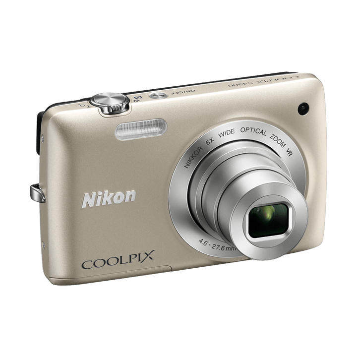 Gold Nikon Coolpix S4300 side profile showing extended zoom lens and mode dial from ClubCamera.com