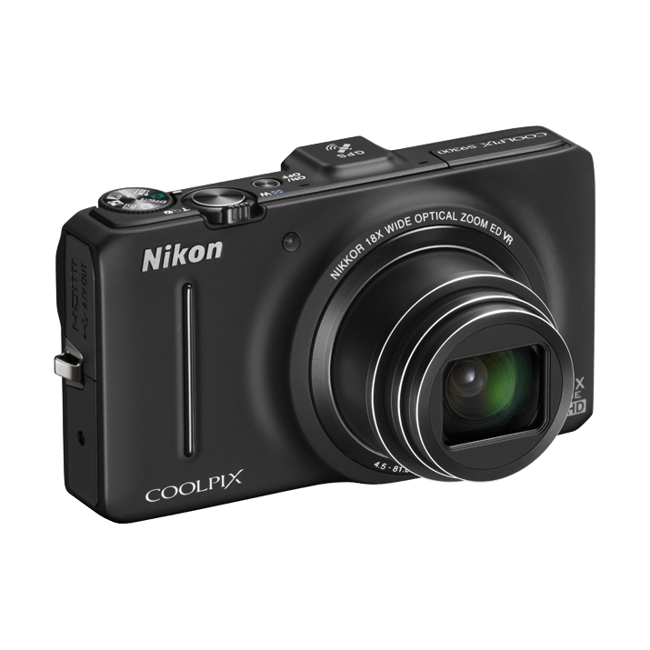 Black Nikon Coolpix S9300 compact digital camera extended zoom view from ClubCamera.com
