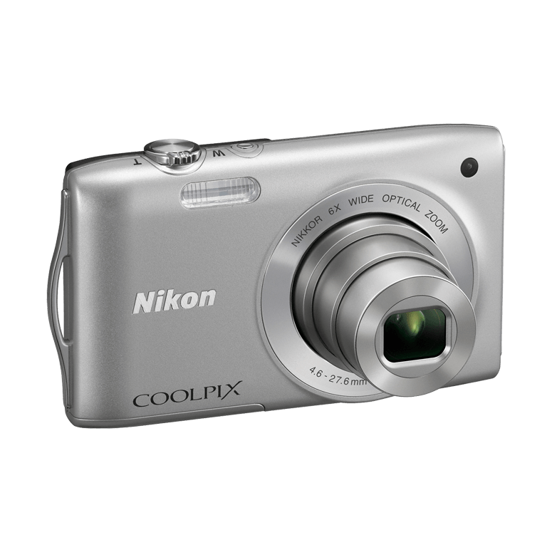 ClubCamera.com silver Nikon Coolpix S3200 three-quarter angle with partially extended NIKKOR zoom lens