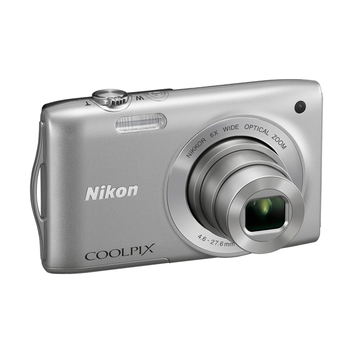 ClubCamera.com silver Nikon Coolpix S3200 three-quarter angle with partially extended NIKKOR zoom lens