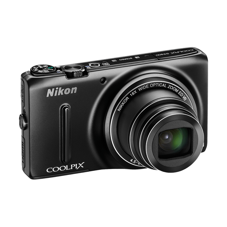 ClubCamera.com three-quarter angle of black Nikon Coolpix S9400 with partially extended lens and HDMI OUT port visible