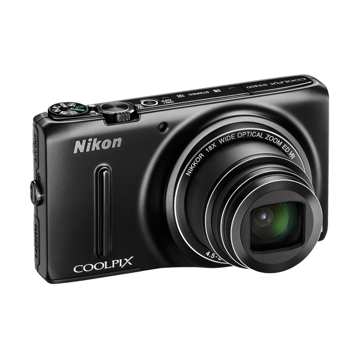 ClubCamera.com three-quarter angle of black Nikon Coolpix S9400 with partially extended lens and HDMI OUT port visible