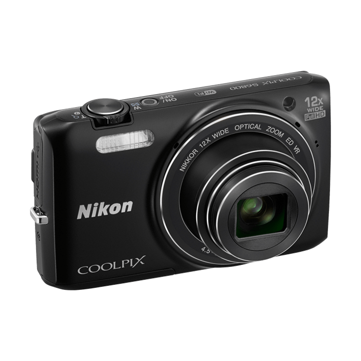 Black Nikon Coolpix S6800 Wi-Fi digital camera side view with top controls from ClubCamera.com