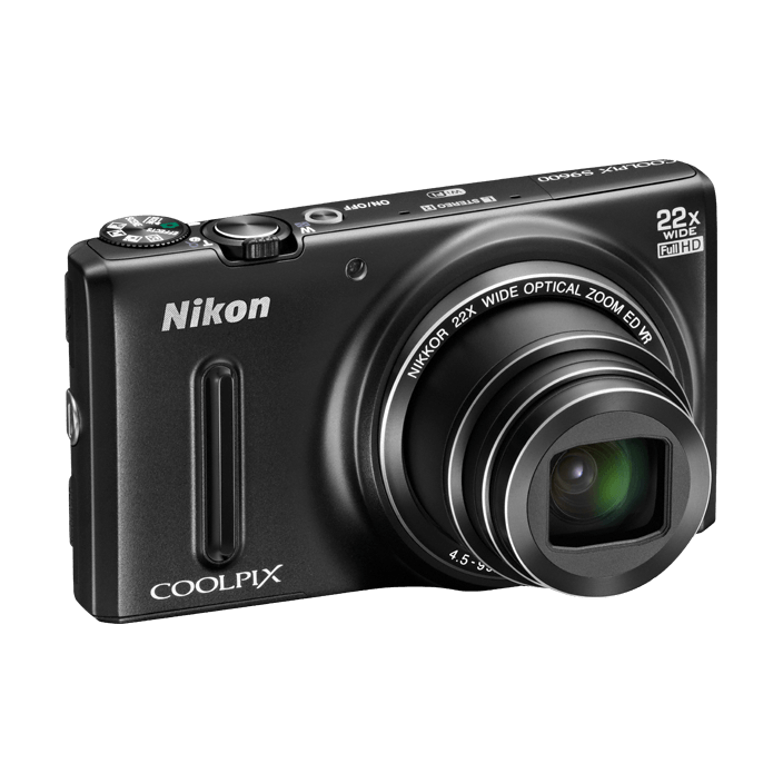 ClubCamera.com black Nikon Coolpix S9600 point and shoot camera with extended 22x NIKKOR zoom lens
