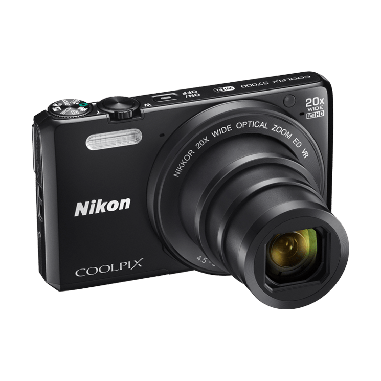 ClubCamera.com angled shot of black Nikon Coolpix S7000 with extended 20x optical zoom lens and ergonomic grip