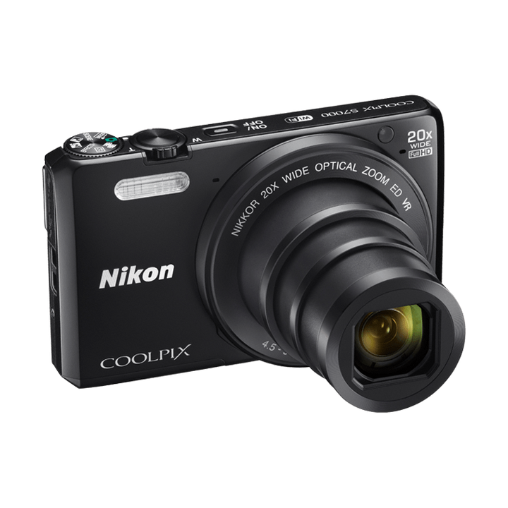 ClubCamera.com angled shot of black Nikon Coolpix S7000 with extended 20x optical zoom lens and ergonomic grip