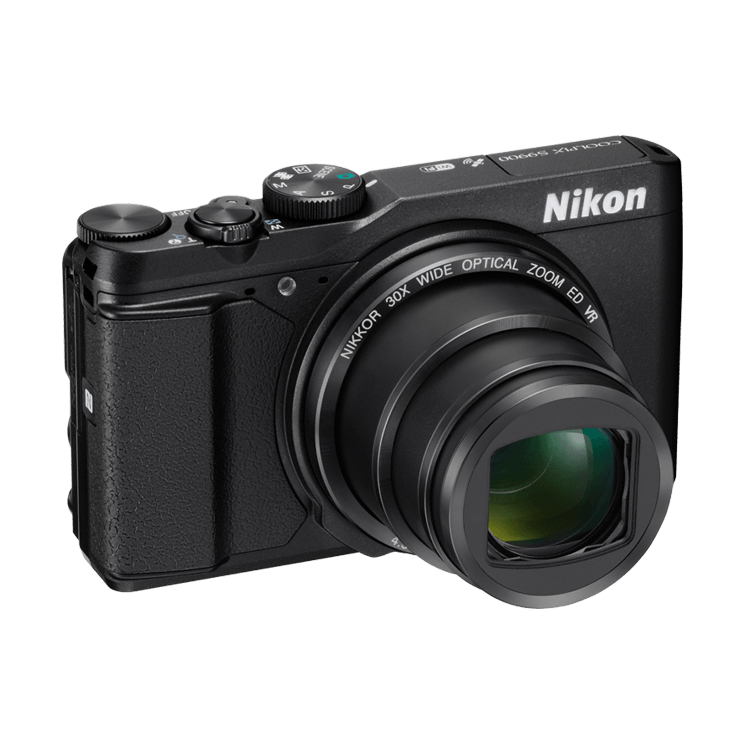 ClubCamera.com black Nikon Coolpix S9900 point-and-shoot camera with extended NIKKOR 30x zoom lens and textured grip