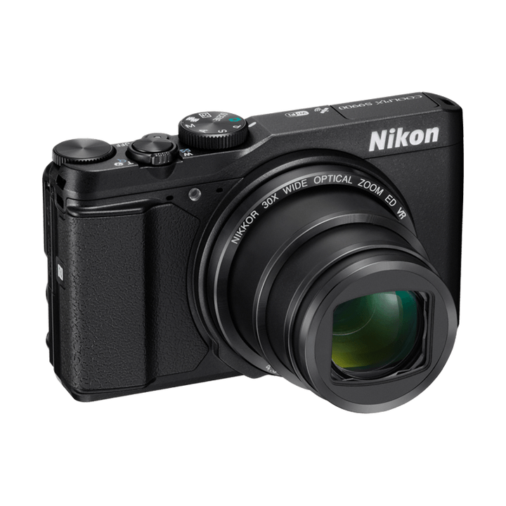 ClubCamera.com black Nikon Coolpix S9900 point-and-shoot camera with extended NIKKOR 30x zoom lens and textured grip