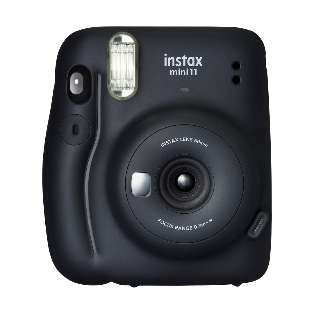 Front view of matte charcoal gray Fujifilm Instax Mini 11 lens with focus range text at ClubCamera.com