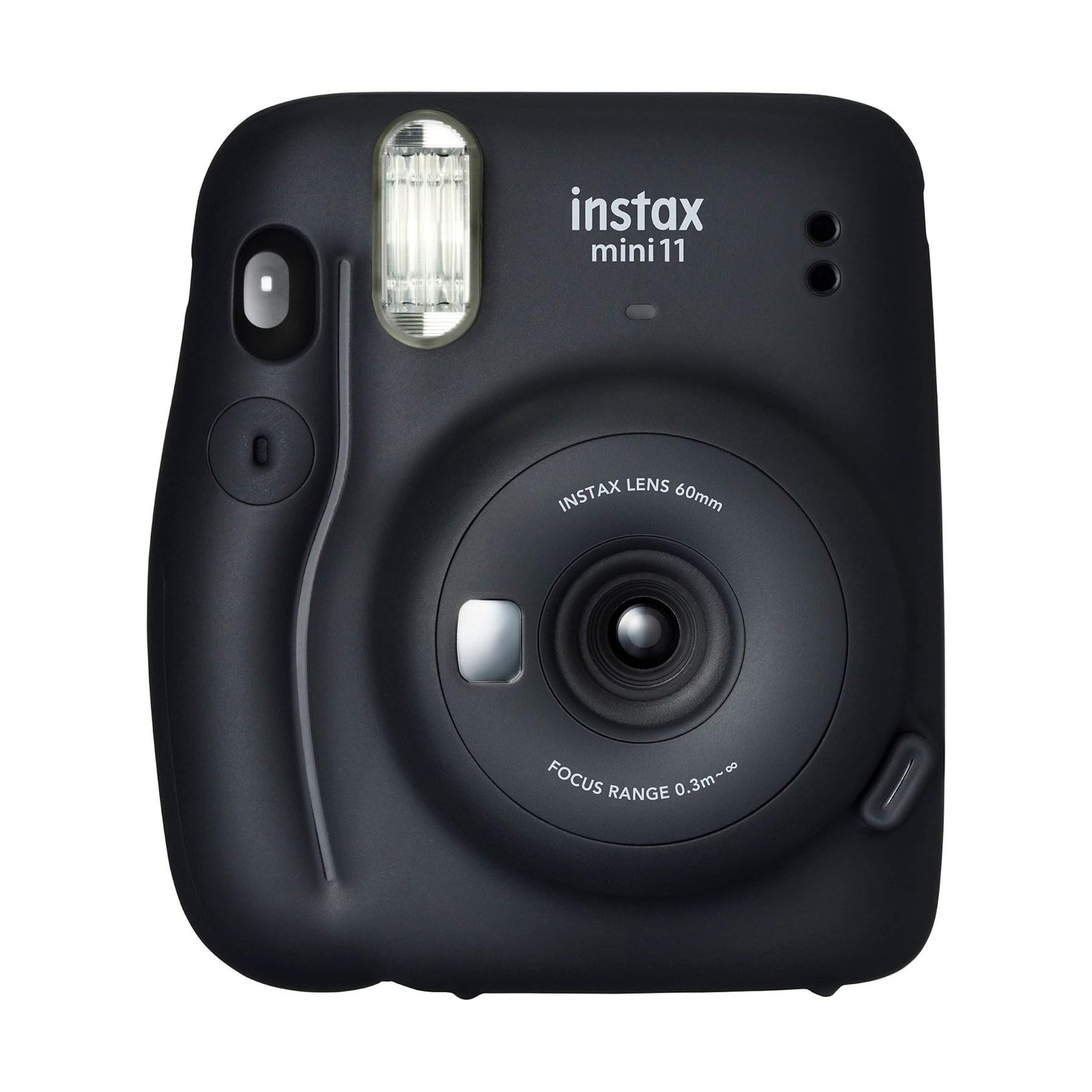 Front view of matte charcoal gray Fujifilm Instax Mini 11 lens with focus range text at ClubCamera.com