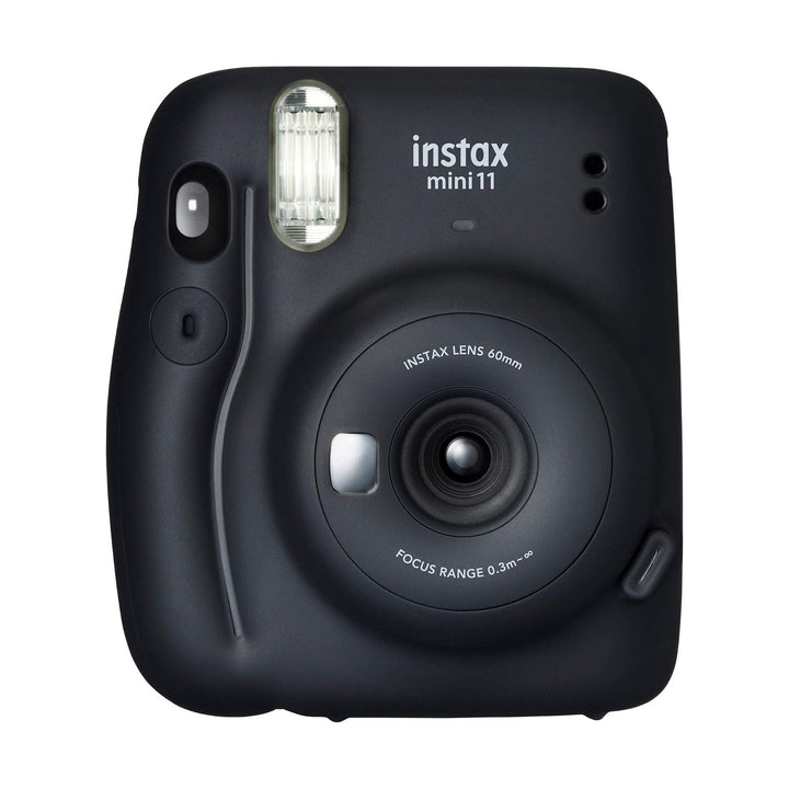 Front view of matte charcoal gray Fujifilm Instax Mini 11 lens with focus range text at ClubCamera.com