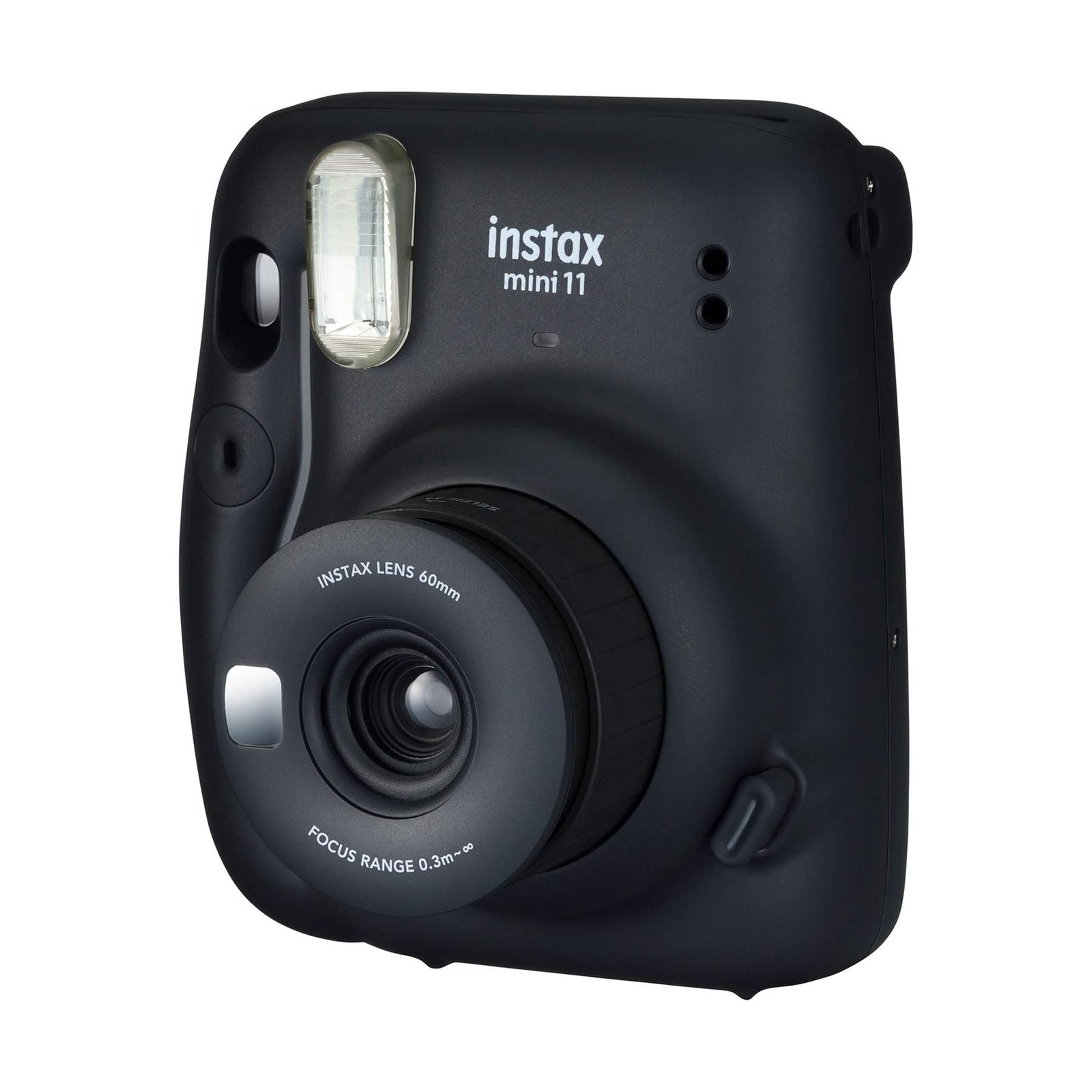 Fujifilm Instax Mini 11 instant camera in charcoal gray with textured grip and flash at ClubCamera.com