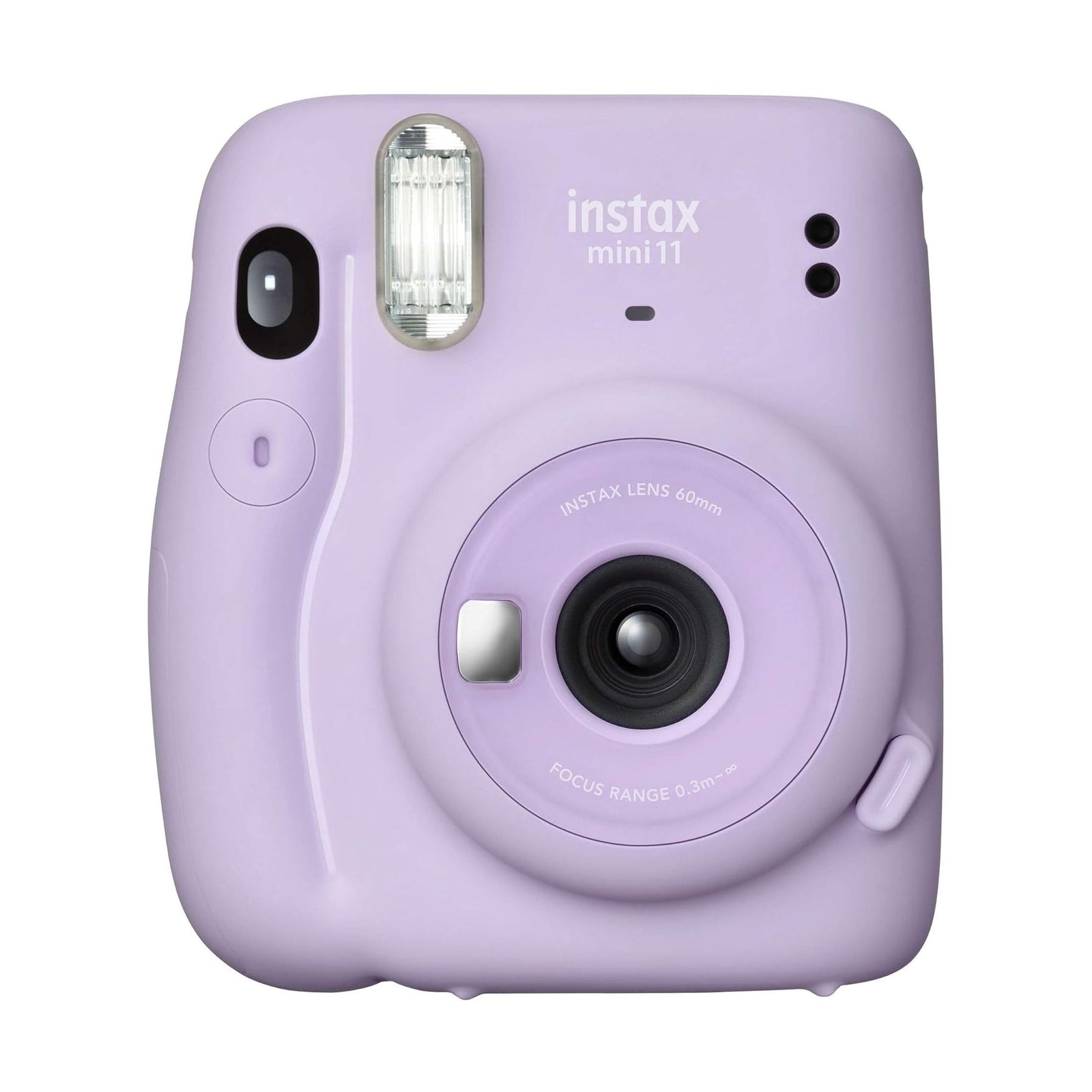 Direct front shot of lilac purple Instax Mini 11 instant camera with 60mm lens and silver shutter button from ClubCamera.com