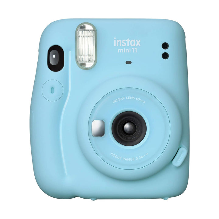 Fujifilm Instax Mini 11 instant camera in Sky Blue with front lens and flash at ClubCamera.com