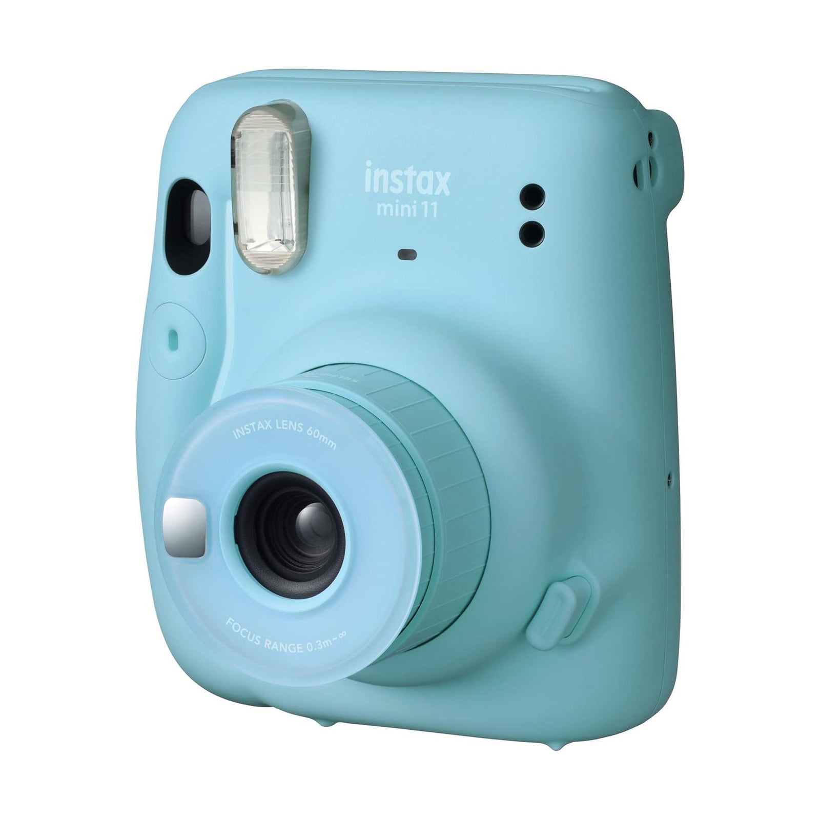 Extended lens detail on Sky Blue Fujifilm Instax Mini 11 instant camera from ClubCamera.com