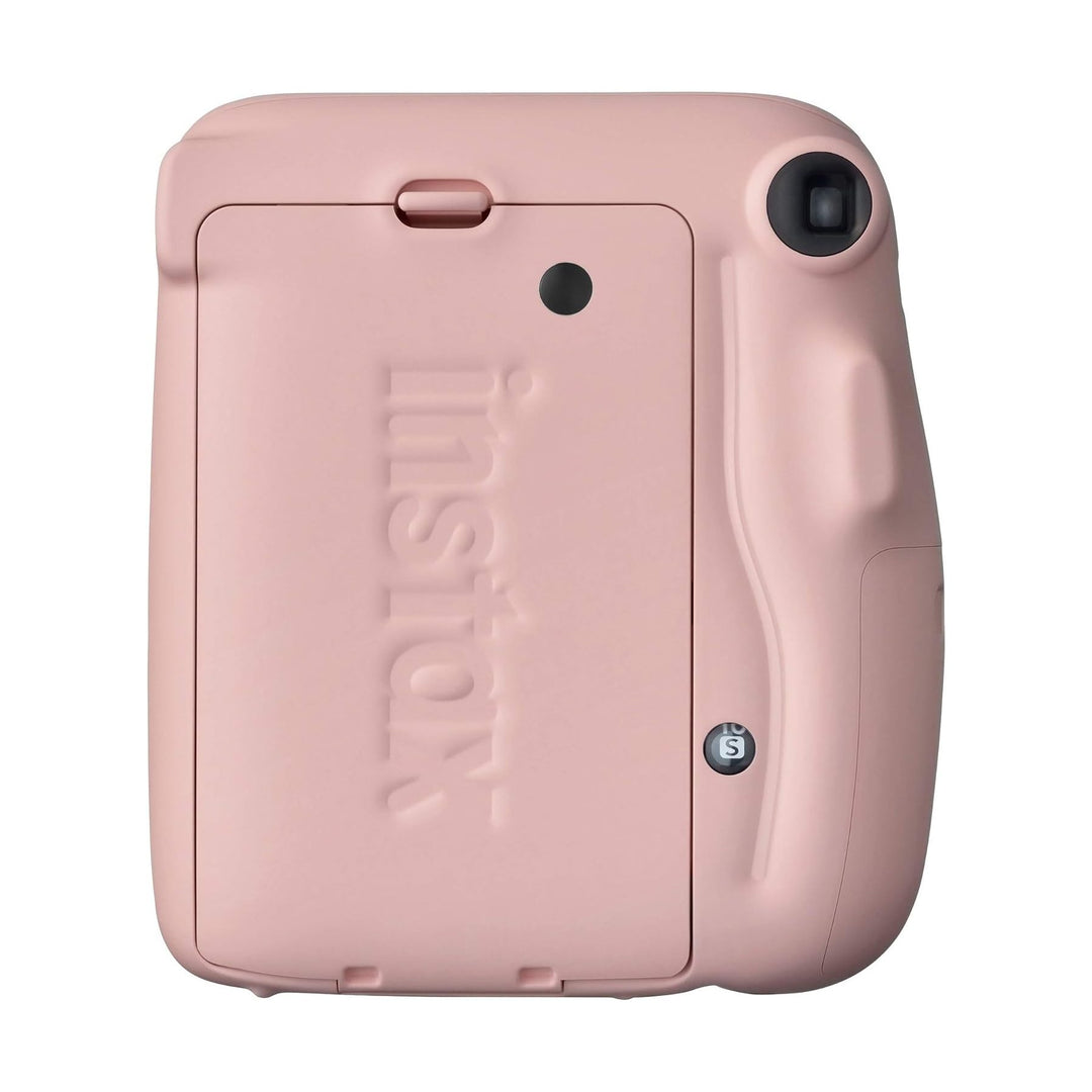 Blush pink Fujifilm Instax Mini 11 instant camera back view with embossed logo and battery latch at ClubCamera.com