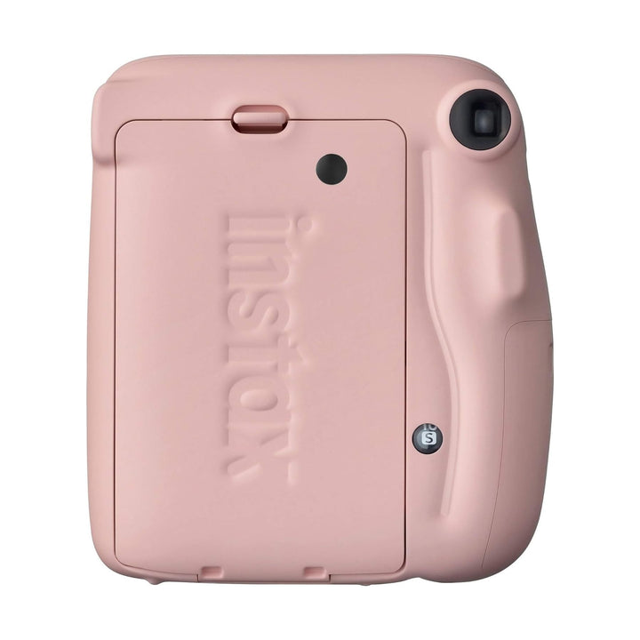 Blush pink Fujifilm Instax Mini 11 instant camera back view with embossed logo and battery latch at ClubCamera.com