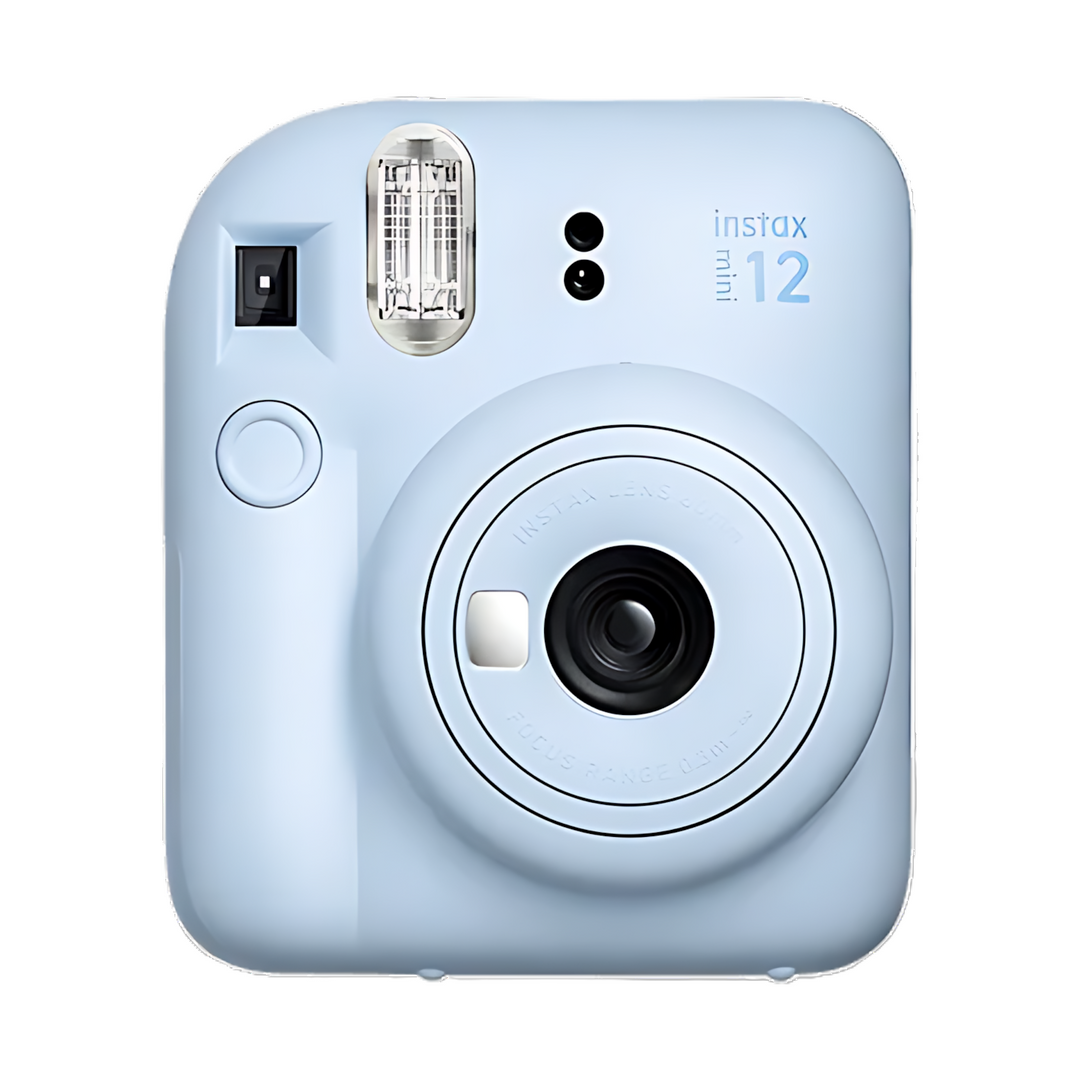 Front view of Fujifilm Instax Mini 12 Pastel Blue instant camera with INSTAX LENS 60mm branding at ClubCamera.com