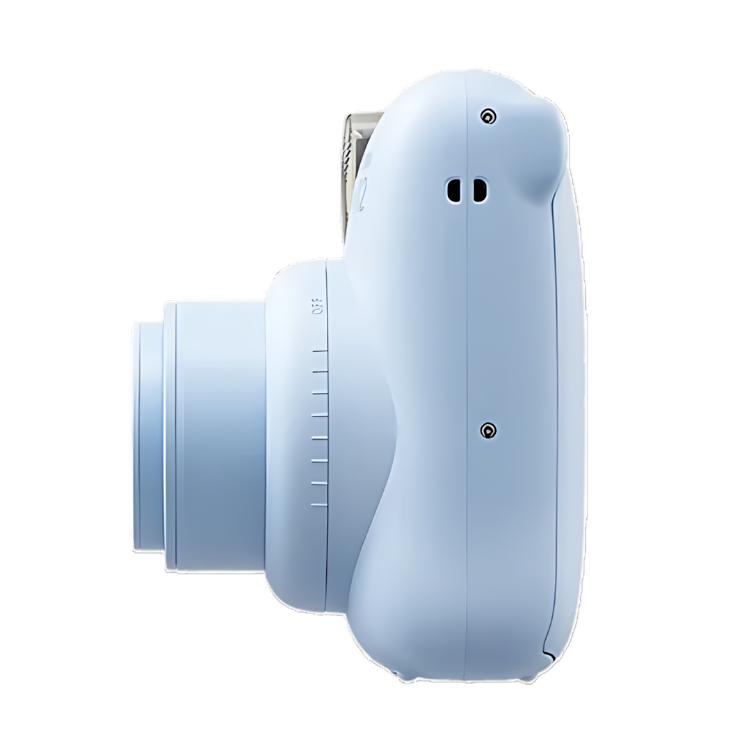 Fujifilm Instax Mini 12 Pastel Blue side profile at ClubCamera.com showing ergonomic curve and silver lens barrel