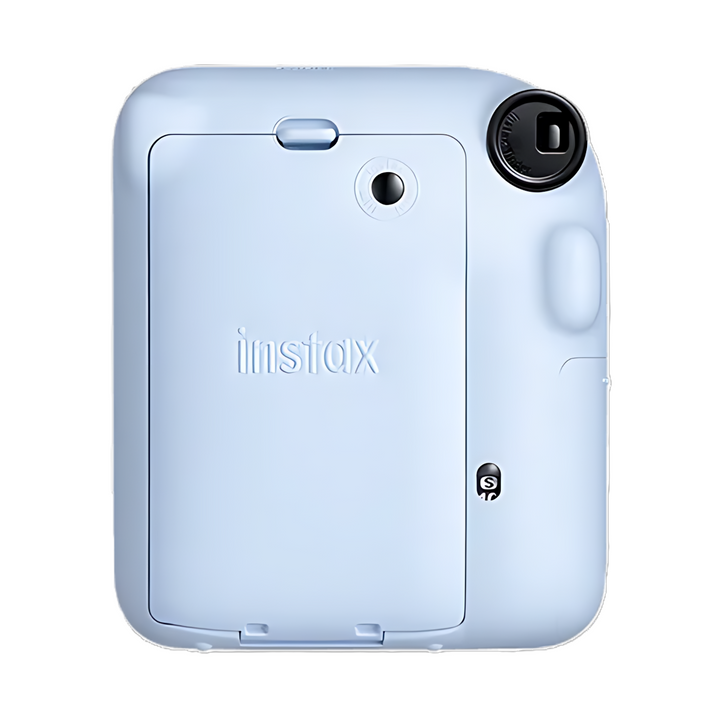 Rear view of pastel blue Instax Mini 12 instant camera with embossed logo and viewfinder at ClubCamera.com