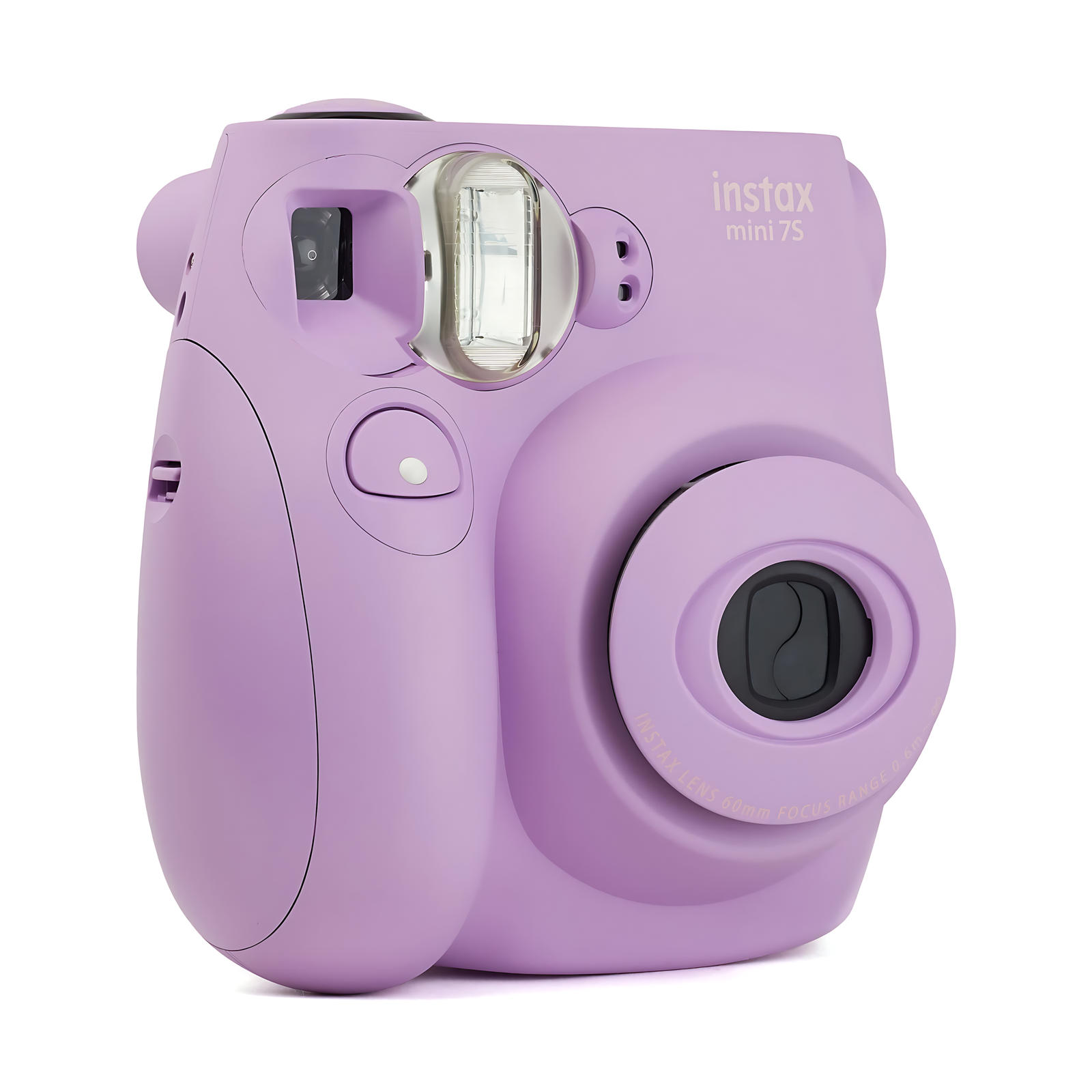 Side grip angle of lavender Fujifilm Instax Mini 7S with 60mm lens detail sold by ClubCamera.com