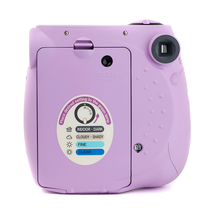 Fujifilm Instax Mini 7S Lavender back view with brightness dial settings at ClubCamera.com
