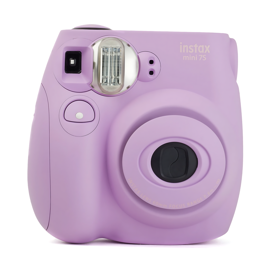 Front shot of open flash on matte lavender Fujifilm Instax Mini 7S instant camera from ClubCamera.com