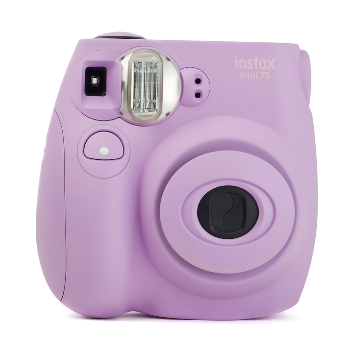 Front shot of open flash on matte lavender Fujifilm Instax Mini 7S instant camera from ClubCamera.com