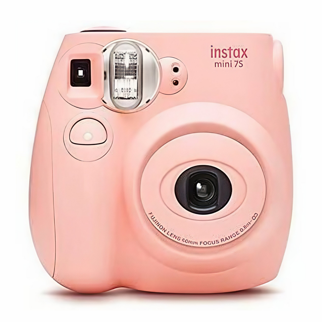 Front view of Fujifilm Instax Mini 7S Light Pink instant camera with Fujinon lens and pop-up flash at ClubCamera.com