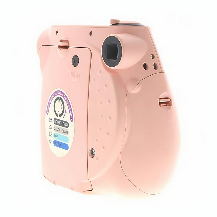 Fujifilm Instax Mini 7S Light Pink side rear view with exposure dial and battery door at ClubCamera.com