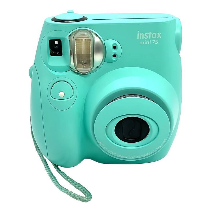 Fujifilm Instax Mini 7S Seafoam Green instant camera with silver flash and teal strap at ClubCamera.com