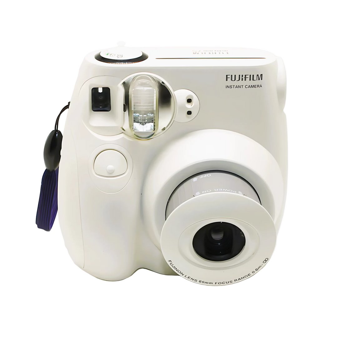 White Fujifilm Instax Mini 7S instant camera with purple woven wrist strap from ClubCamera.com