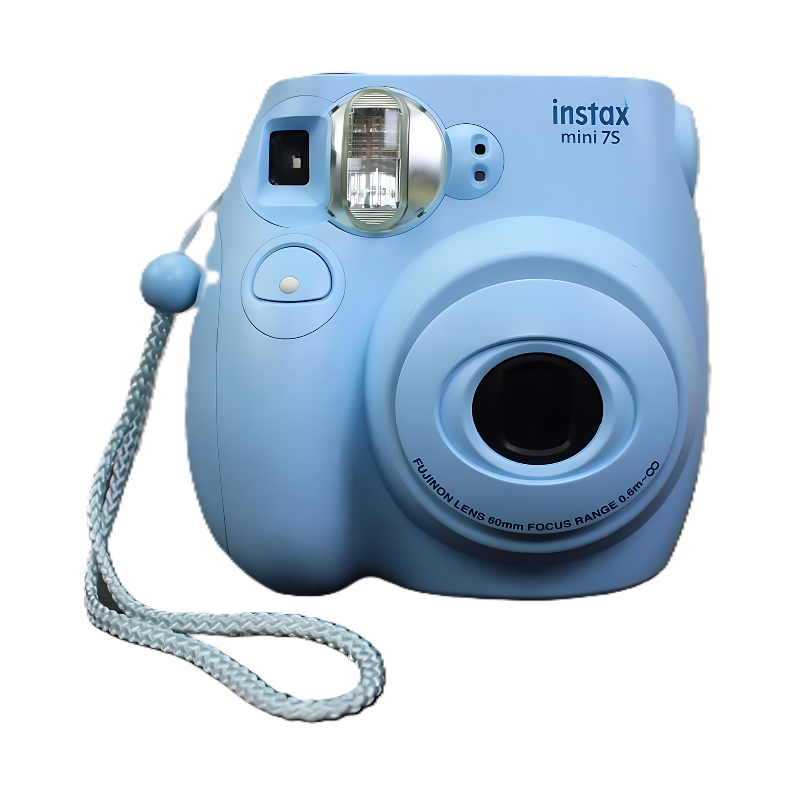 Fujifilm Instax Mini 7S instant camera in light blue with FUJINON lens and wrist strap at ClubCamera.com