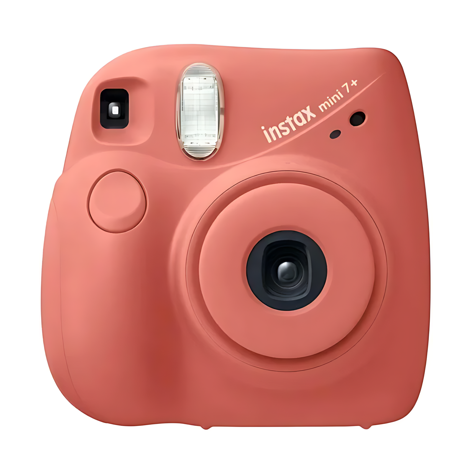 Front shot of coral pink Fujifilm Instax Mini 7+ instant camera with white branding from ClubCamera.com