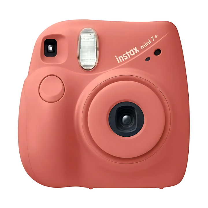 Front shot of coral pink Fujifilm Instax Mini 7+ instant camera with white branding from ClubCamera.com