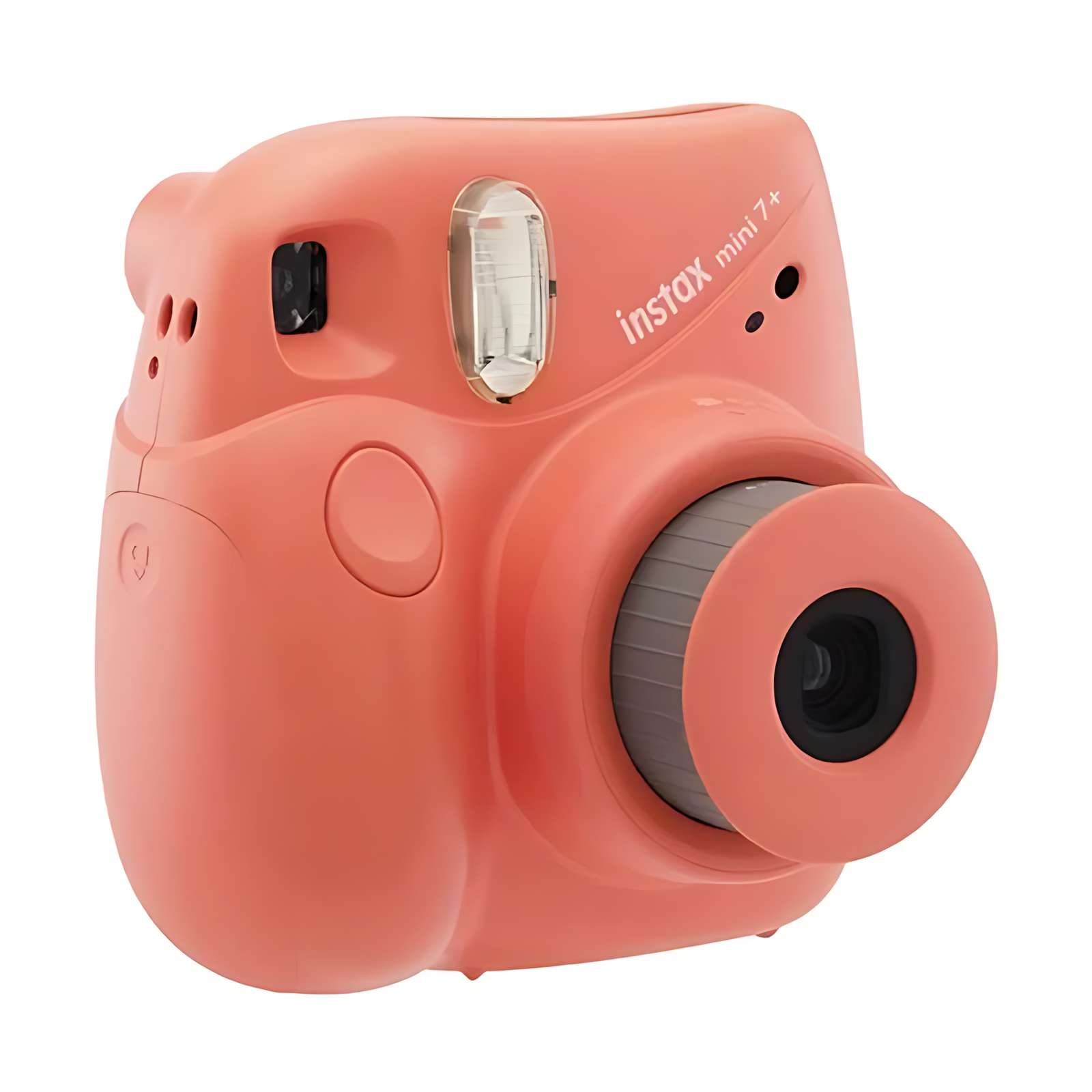 Fujifilm Instax Mini 7+ instant camera in coral pink by ClubCamera.com with matte finish and gray lens ring