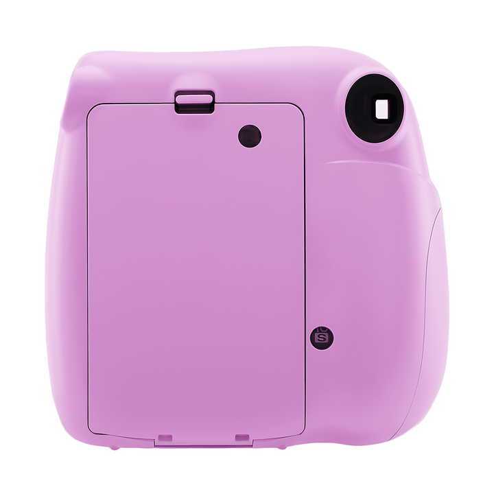Rear view of lavender purple Instax Mini 7+ film door and S button self-timer at ClubCamera.com