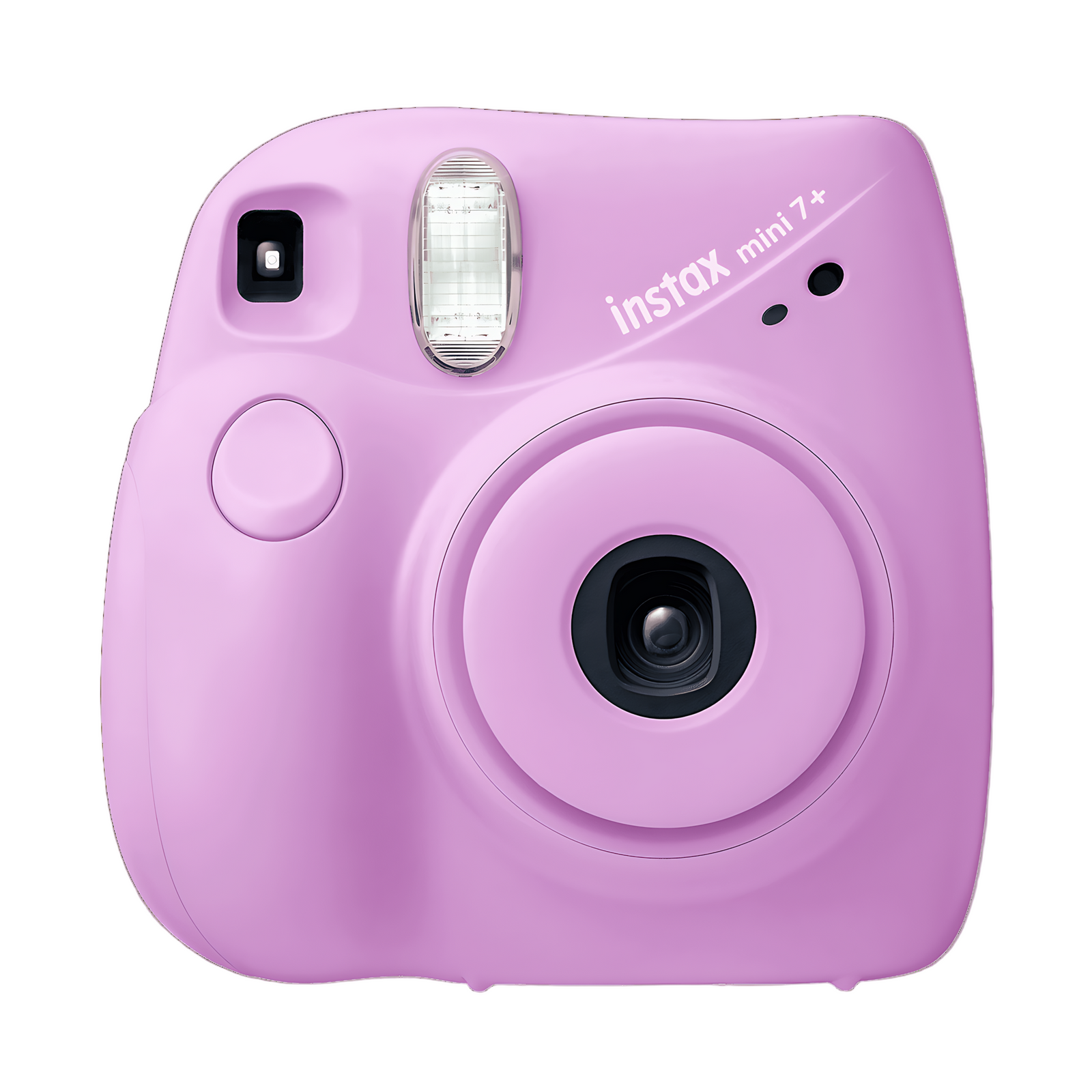 Fujifilm Instax Mini 7+ Lavender instant camera front view with silver flash and matte finish at ClubCamera.com