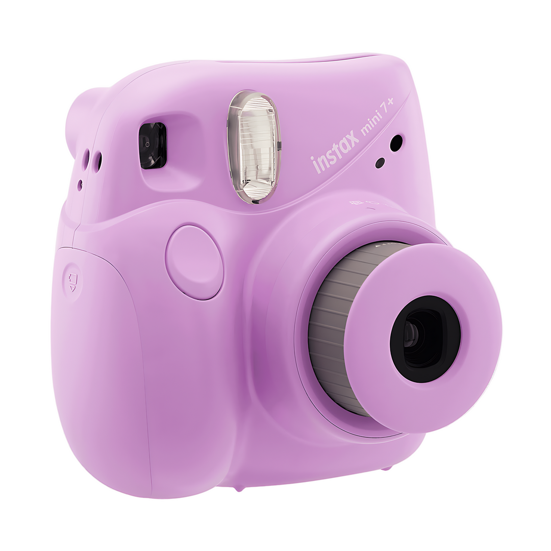 Instax Mini 7+ Lavender with flip-out lens cap showing ribbed texture and ergonomic grip at ClubCamera.com